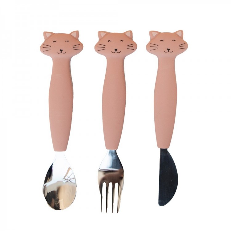 Couverts 3 pièces en silicone et métal - Chat Couverts 3 pièces en silicone et métal - Chat