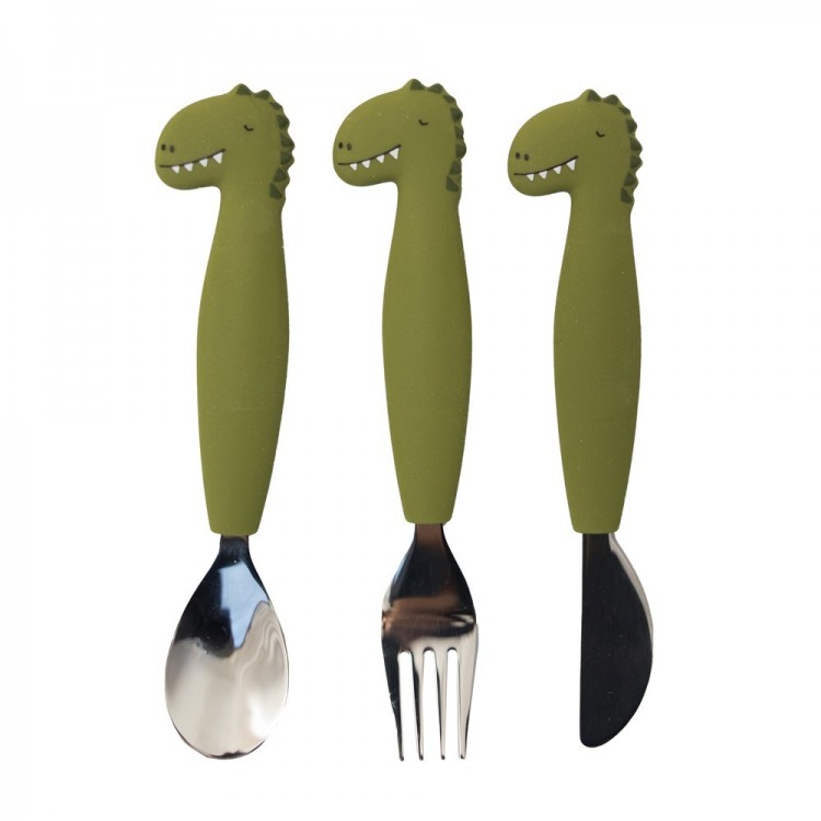 Couverts 3 pièces en silicone et métal - Dino Couverts 3 pièces en silicone et métal - Dino