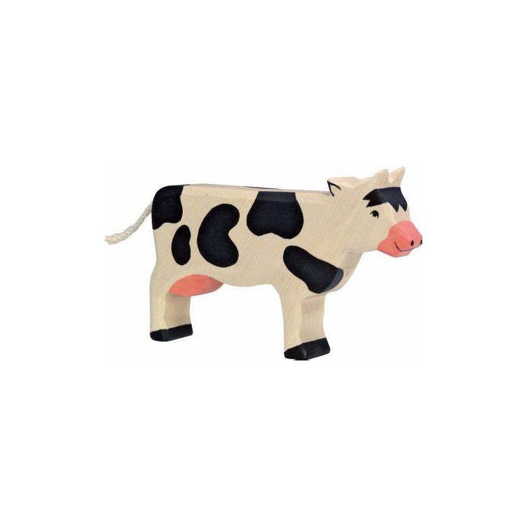 Vache debout, noire - bois peint main