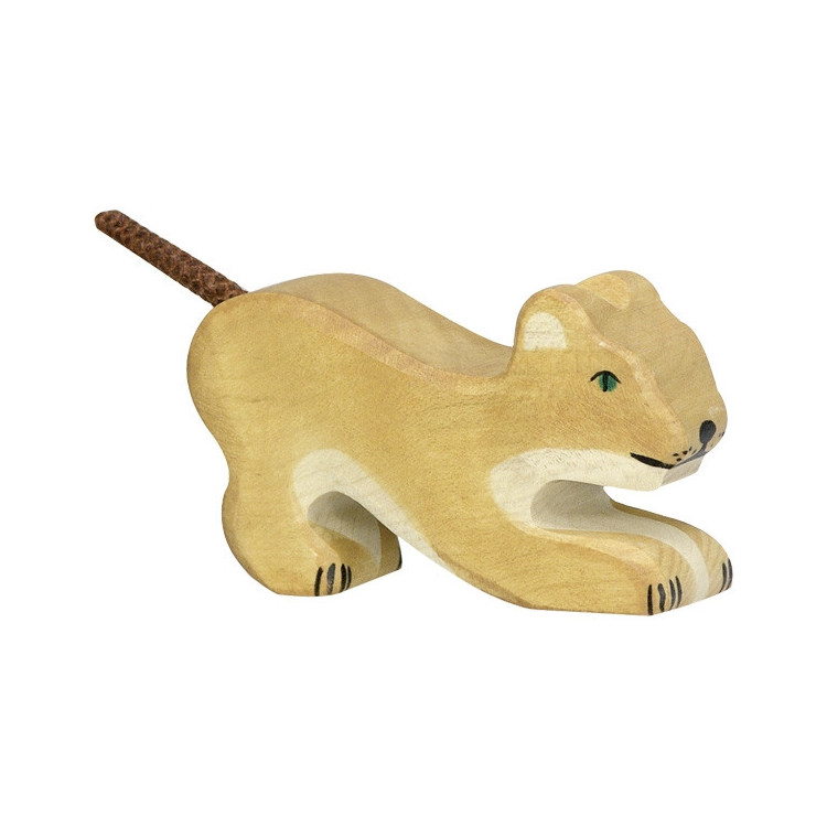 Lionceau jouant - bois peint main