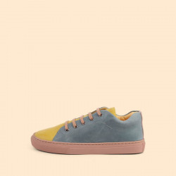 Sneakers cuir à lacet - jaune et bleu