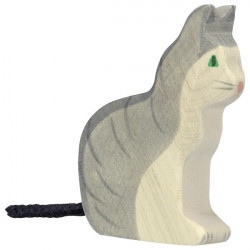 Chat assis, bois peint main