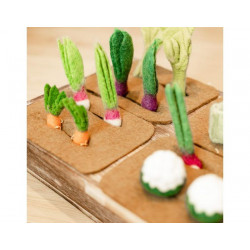 Plateau potager et 16 légumes en laine feutrée