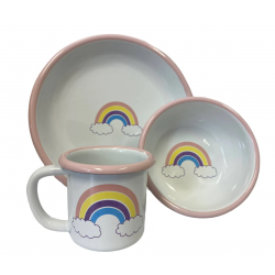 Ensemble vaisselle enfant en émail - Motif arc-en-ciel