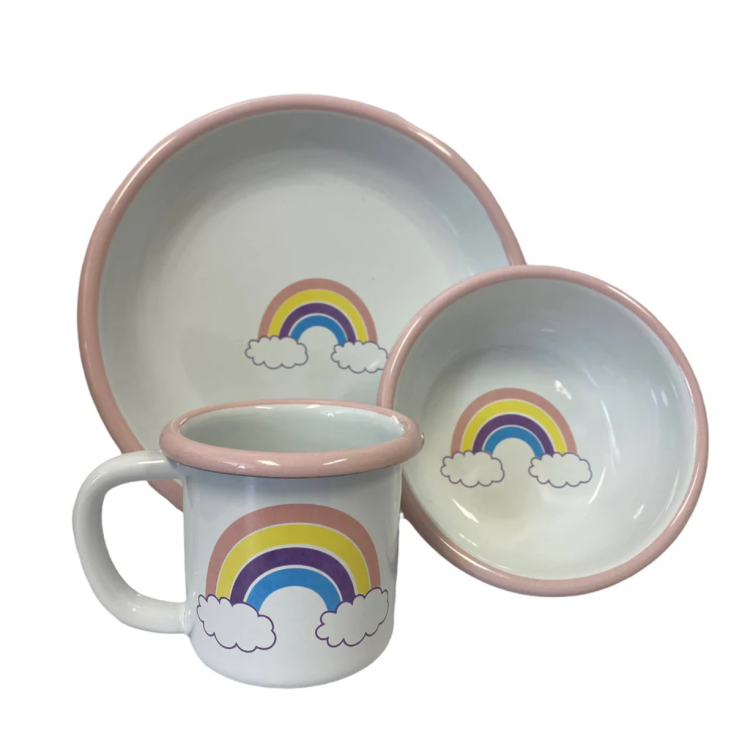 Ensemble vaisselle enfant en émail - Motif arc-en-ciel Ensemble vaisselle enfant en émail - Motif arc-en-ciel
